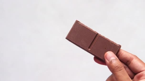 Mano sostener un chocolate negro sobre fondo blanco — Vídeo de stock