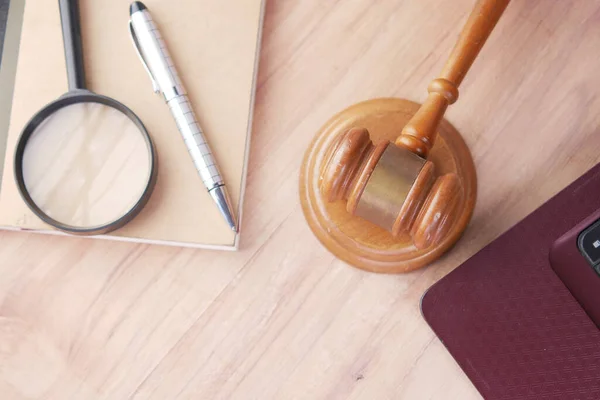 Gavel and book with copy space on table — Stock Photo, Image