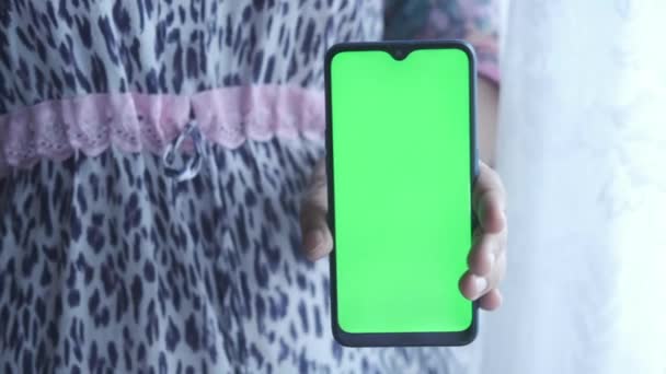 Mão mulheres usando telefone inteligente com tela verde — Vídeo de Stock