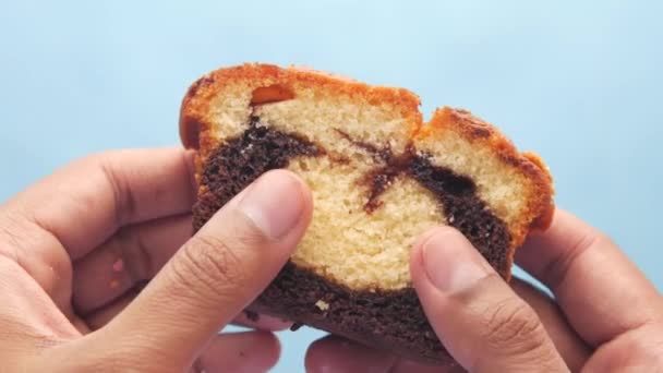 Ručně držet plátek pekařského ovoce dort na sekání palubě — Stock video