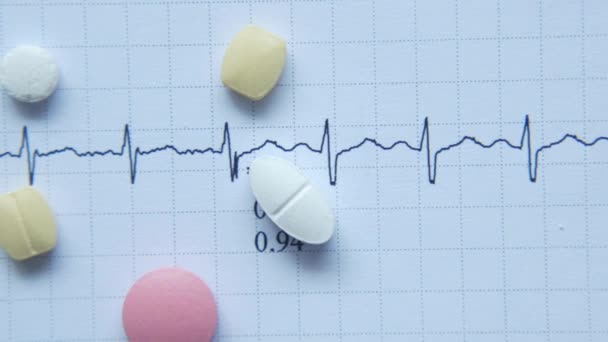 Receptbelagda medicinska piller på ett kardio diagram. — Stockvideo