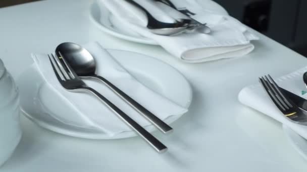 Cutlery and empty plate on wooden background top down — Stock Video