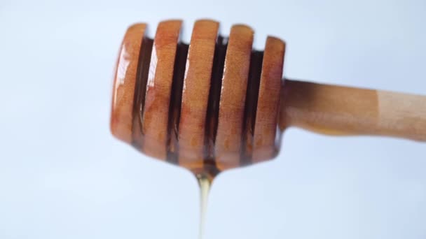 Close up of fresh honey with spoon on table — Stock Video