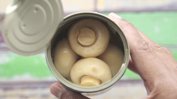 Teneke manzaralı konserve mantarlar — Stok video