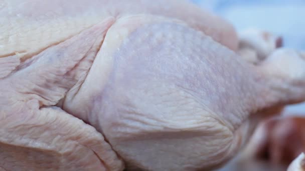 Pollo entero crudo y verduras sobre fondo de baldosas — Vídeos de Stock