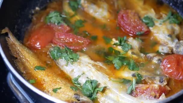 Close up of homemade indian curry fish. — Stock Video