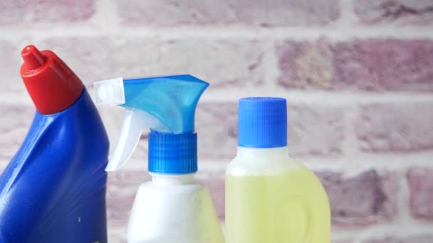 Close up of cleaning bottle on table — Stock Video