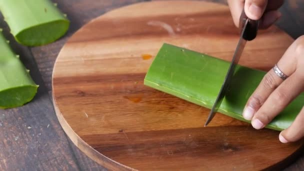 Primer plano Aloe vera fresco cortado en rodajas en una tabla de cortar — Vídeo de stock
