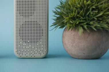 akıllı hoparlör ve açık yeşil arka planda bir bitki 