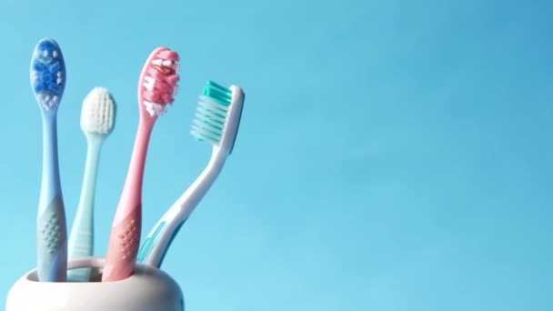 Colorful toothbrushes in white mug against a wall — Stock Video