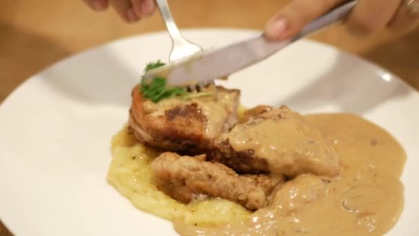 Κοπή κοτόπουλο σχάρα, με μαχαίρι και πιρούνι με ρύζι και σαλάτα στο πιάτο — Αρχείο Βίντεο