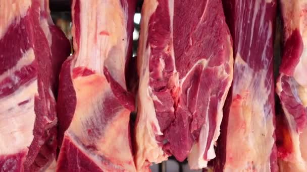 Закрытие выставки сырого мяса для продажи в местном магазине — стоковое видео