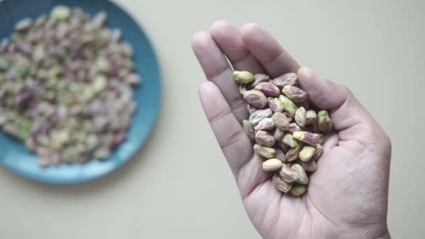 Primer plano de pistachos nuez en la mano — Vídeos de Stock