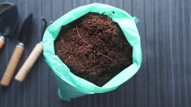 Turfa de coco e ferramentas de jardinagem uma mesa com espaço de cópia — Vídeo de Stock