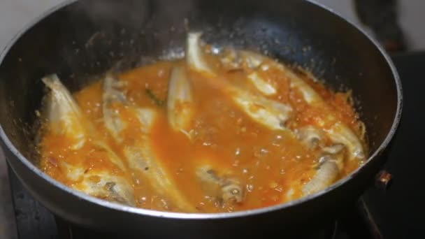 Close-up van zelfgemaakte indiase curry vis — Stockvideo