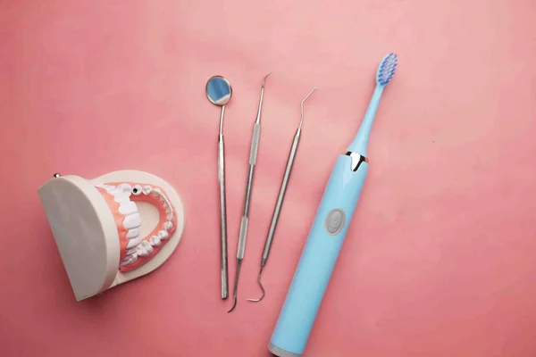 Modelo Dientes Dentales Plástico Sobre Fondo Rosa — Foto de Stock