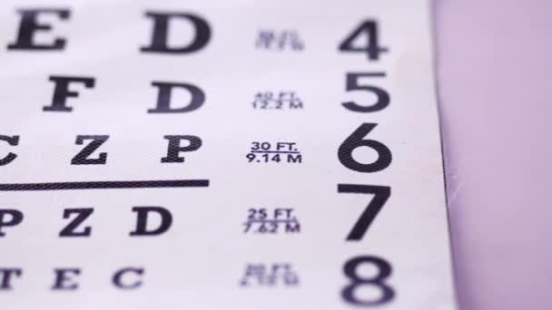 Oogheelkundige accessoires bril met een testdoel voor gezichtscorrectie — Stockvideo