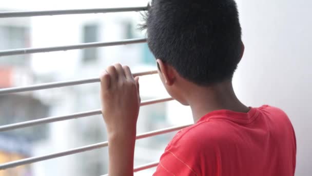 Sad teenage boy looking through window — Stok Video