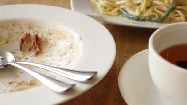 Prázdný talíř po jídle na stole — Stock video