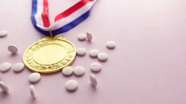 Beyaz arka planda birinci sıra Throphy ve tıbbi haplar .