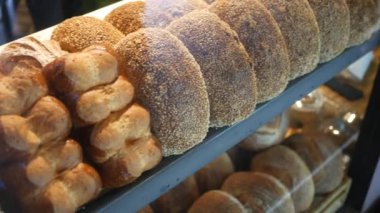 Baked pastry with glass window in the bakery 