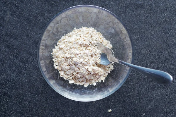 Close Oats Flakes Glass Bowl Black — Stock Photo, Image