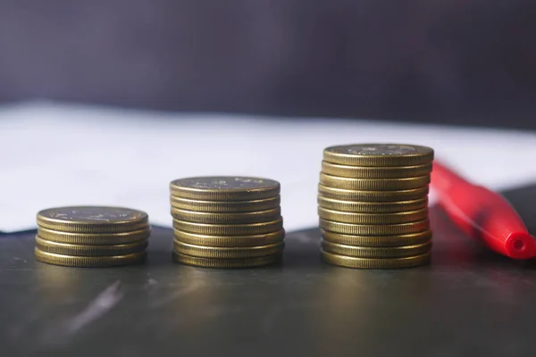 Stack Coins Documents Pen Table — Stock Photo, Image