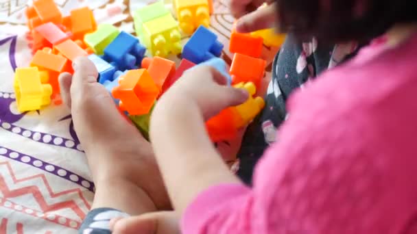 Blocs Construction Colorés Sur Table Bois Gros Plan — Video