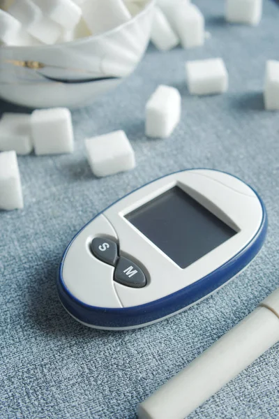 Närbild Verktyg För Mätning Diabetes Och Sockerkub Bordet — Stockfoto