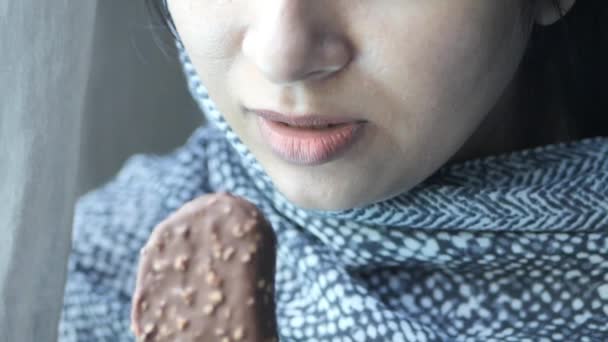 Slow Motion Young Women Eating Chocolate Ice Cream — Video