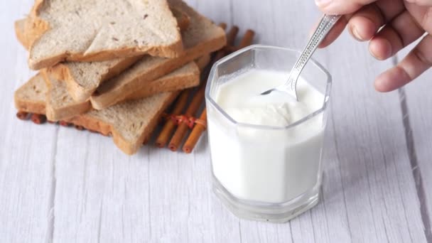 Glass Whole Cream Milk Table — Video Stock