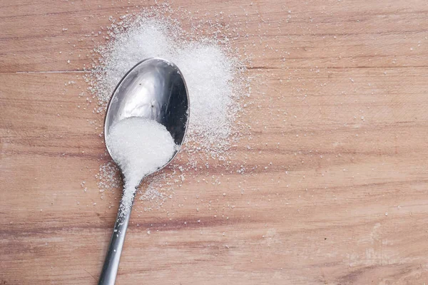 White Sugar Spoon Wooden Table — Stok fotoğraf