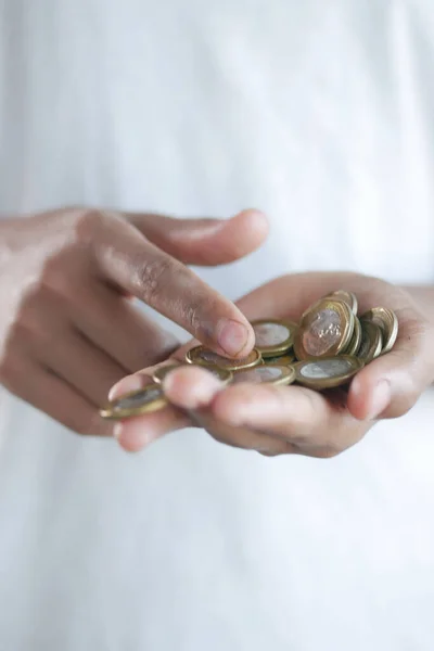 Close Man Hand Counting Coins — Stock Photo, Image