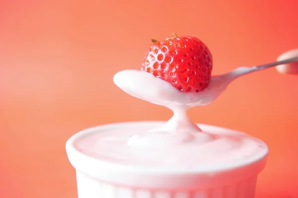 Yogurt Strawberry Spoon Red Background — Foto Stock