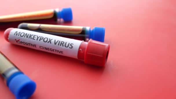 Monkeypox Text Auf Blut Text Tube Auf Rotem Hintergrund — Stockvideo
