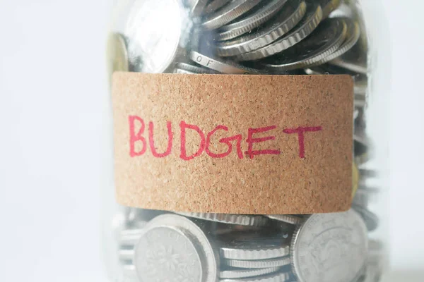 Budget Text Saving Coins Jar White — Stock Photo, Image