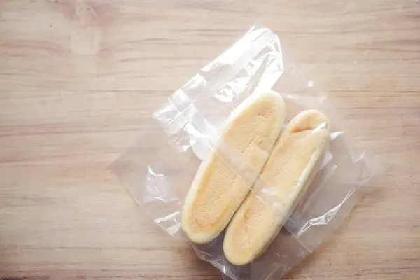 Close Baked Bread Plastic Packet Table — Fotografia de Stock