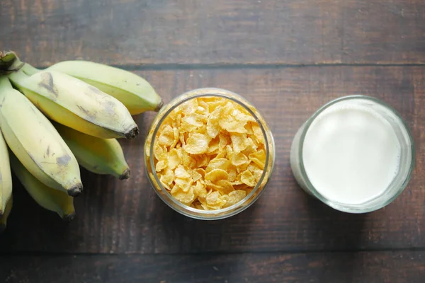 Top View Corn Flakes Banana Milk Table — Stock Fotó