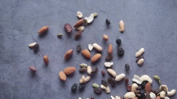 Top View Many Mixed Nuts Falling Black Background — Stock Video