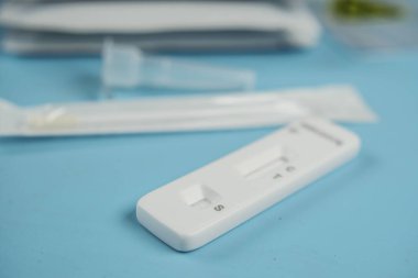  Negative Covid-19 test kit on blue background ,