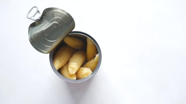 Baby Corn Can Container White Background — Stockvideo