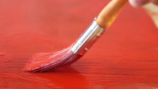 Painting Red Color Wooden Board Paint Brush — Vídeo de Stock