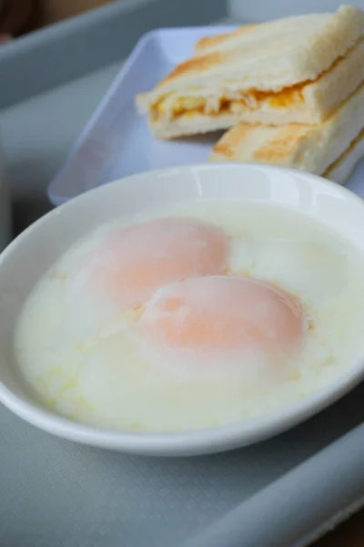 Half Boiled Egg Toasted Bread Tea Table — Stockfoto