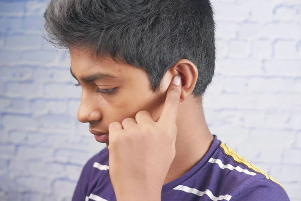 Teenage Boy Having Ear Pain Touching His Painful Ear — Foto de Stock