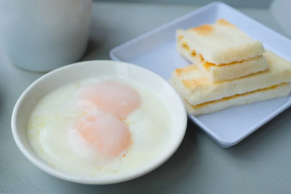 Half Boiled Egg Toasted Bread Tea Table — Photo
