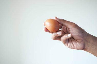 Beyaz duvara karşı yumurta tutan adamlar. ,