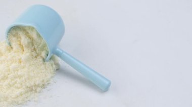 Arka planda bebek sütü tozu ve kaşığı kapat.