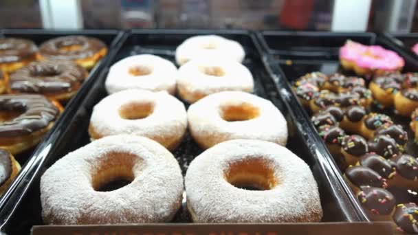 Exhibición Donuts Chocolate Para Venta Tienda Local — Vídeo de stock