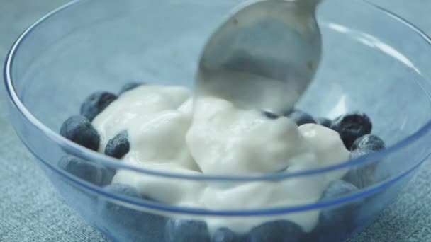 Närbild Färsk Yoghurt Med Blå Bär Skål — Stockvideo