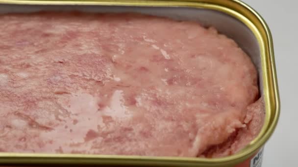 Close Canned Meat Table — Stockvideo